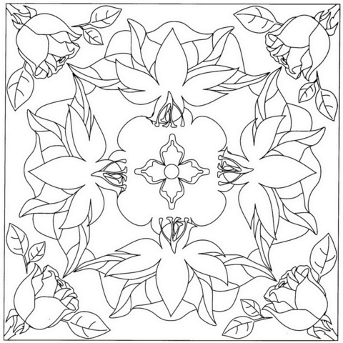 Square Mandala With Roses And Lilies Coloring Page